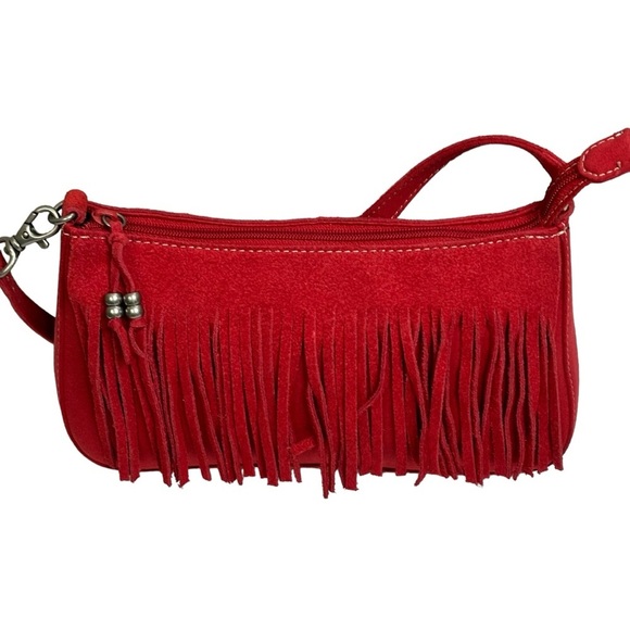 NINE WEST Red Fringed Leather Suede Small Size Handbag Measurements Below NEW - Picture 6 of 14